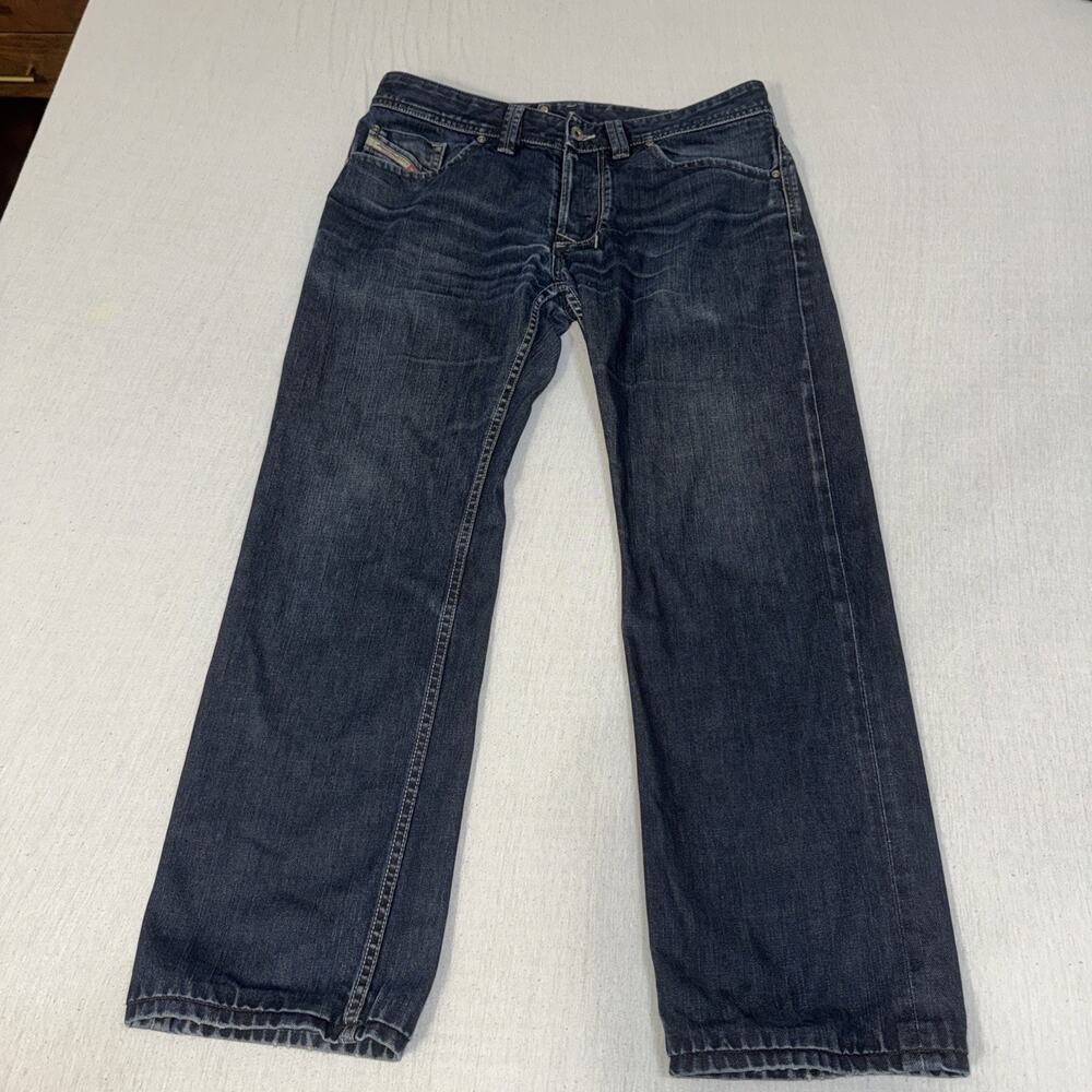 Diesel Larkee Mens 33x34 Hemmed To 28 Regular Straight Blue Jeans Button Fly EUC